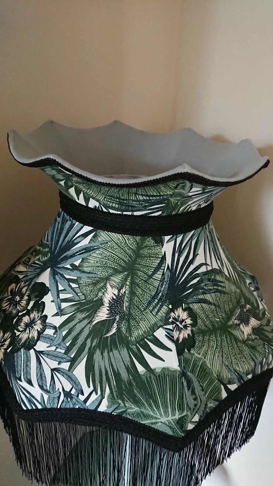 Crown shaped botanical lampshade standard lamp ceiling pendant with black fringe