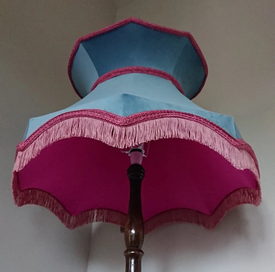 Pale blue velvet lampshade crown shaped lined pink for standard lamp or ceiling