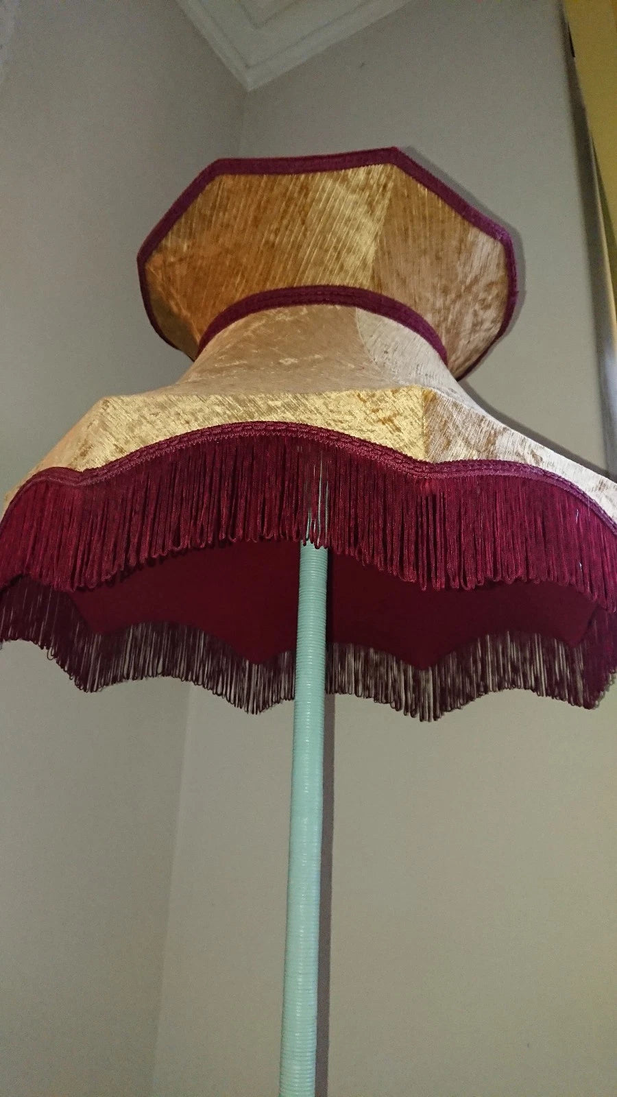 Lampshade in gold ribbed velvet with a burgendy lining for standard lamp ceiling