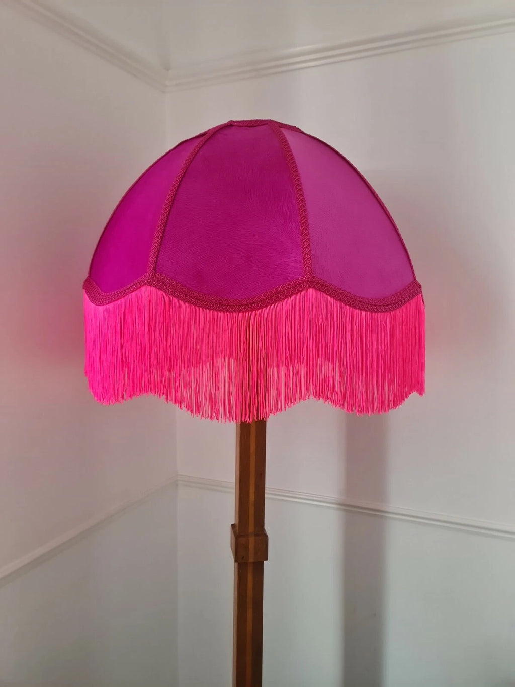 Handmade dome shaped lampshade pink velvet and neon fringe standard lamp ceiling