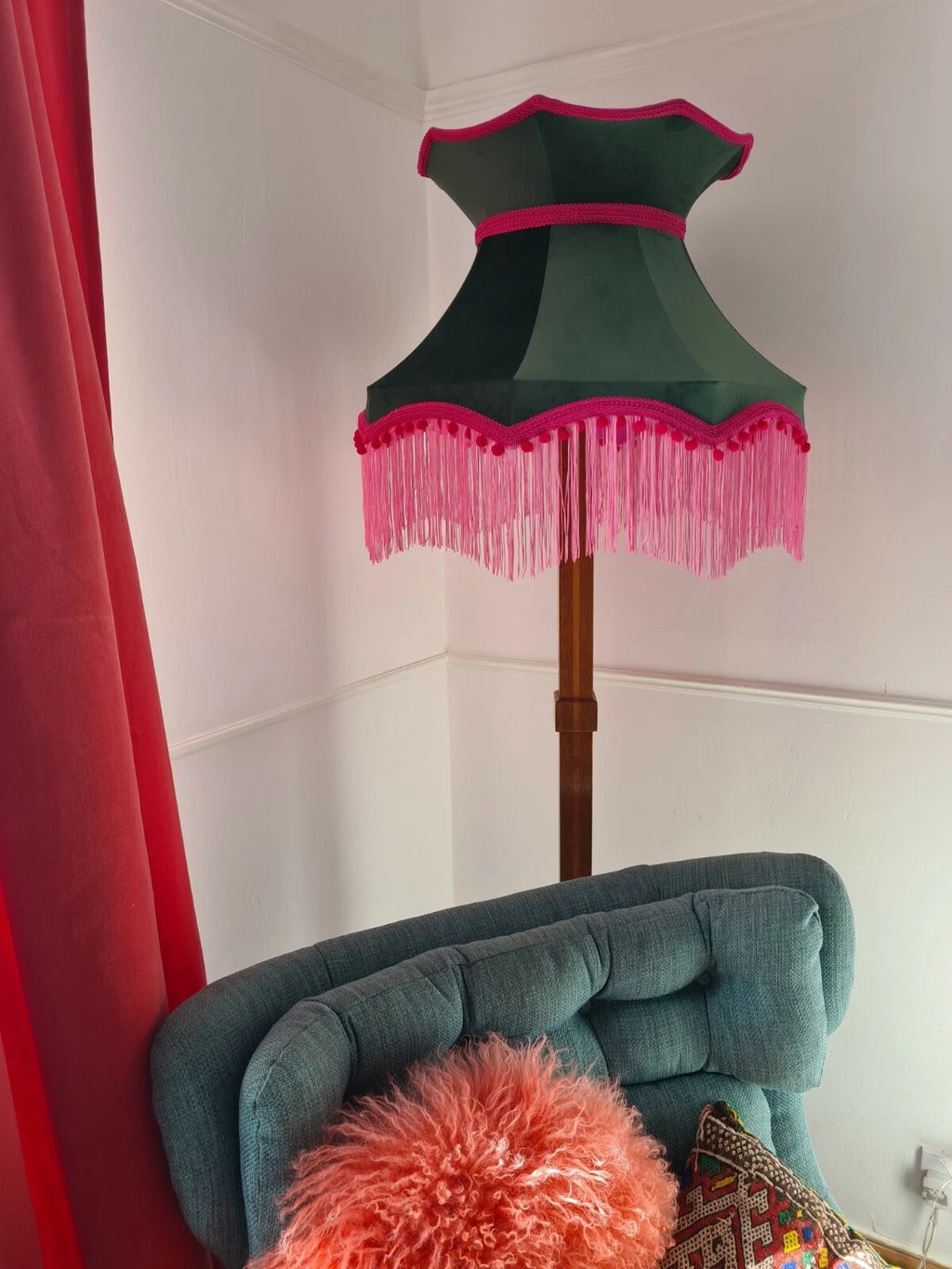 Large green velvet crown lampshade bright pink standard lamp ceiling light lamp
