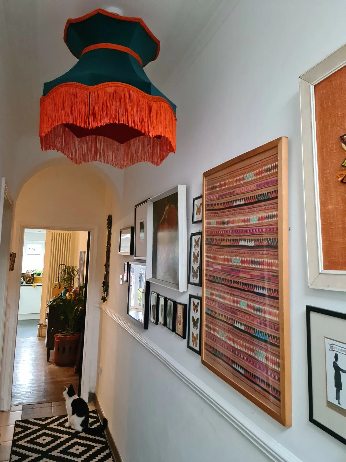 Large handmade teal blue and orange lampshade crown shape standard lamp ceiling
