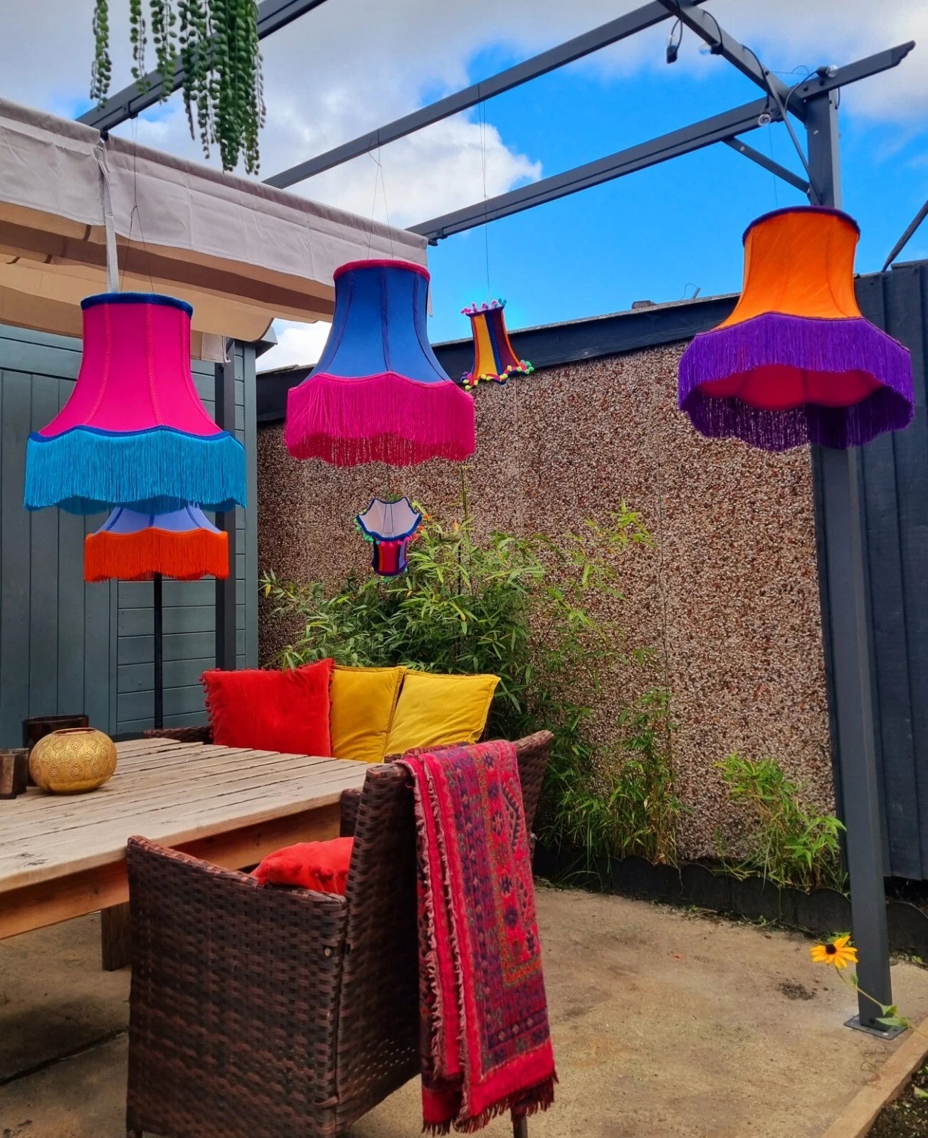 Handmade lampshade navy fabric bright pink fringe  standard lamp or ceiling lamp