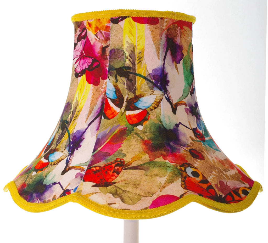 Yellow lampshade in pink, red butterfly design for a standard lamp or ceiling