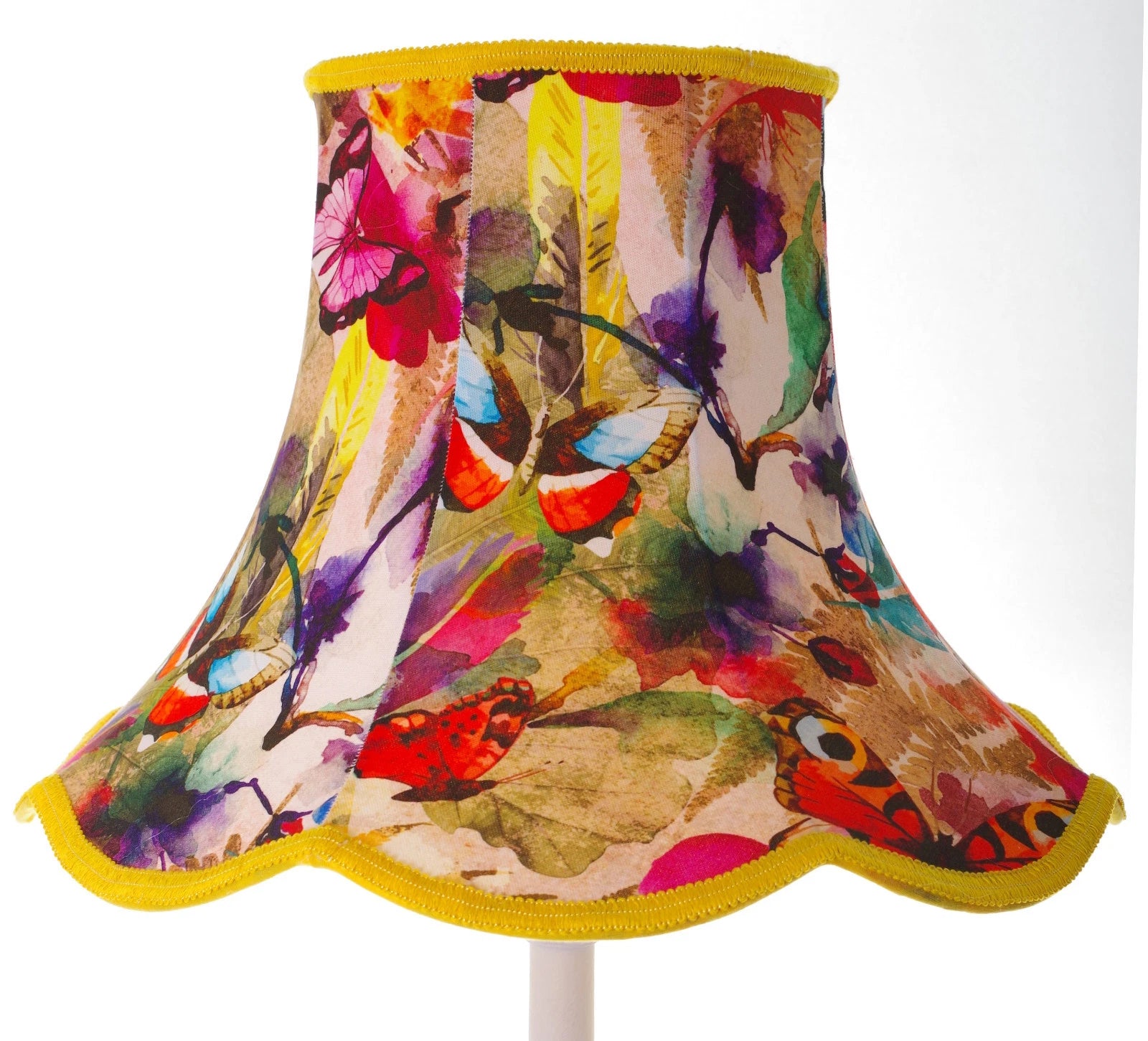 Yellow lampshade in pink, red butterfly design for a standard lamp or ceiling