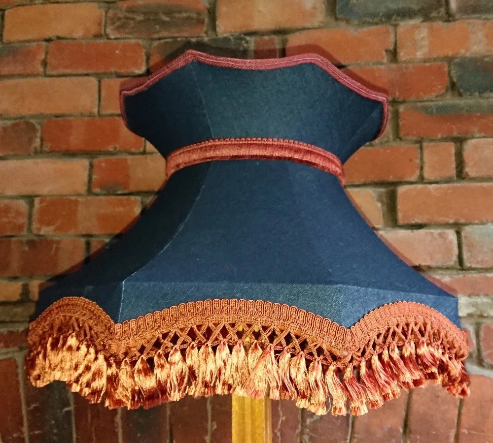 Lampshade for standard lamp or ceiling in dark blue denim with copper lining