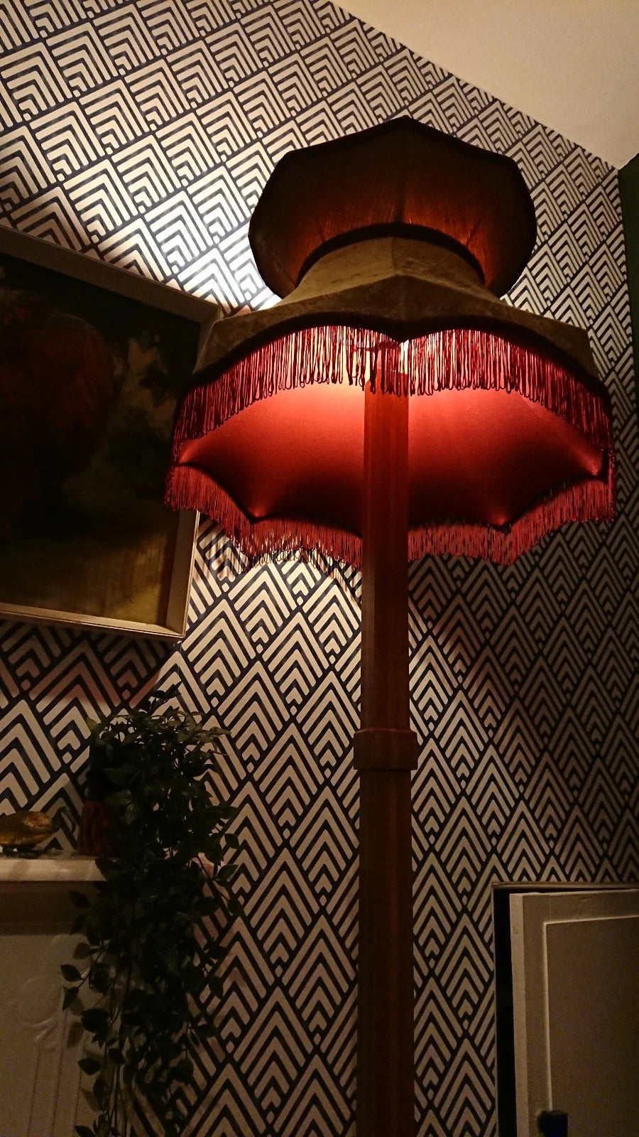 Lampshade in gold ribbed velvet with a burgendy lining for standard lamp ceiling