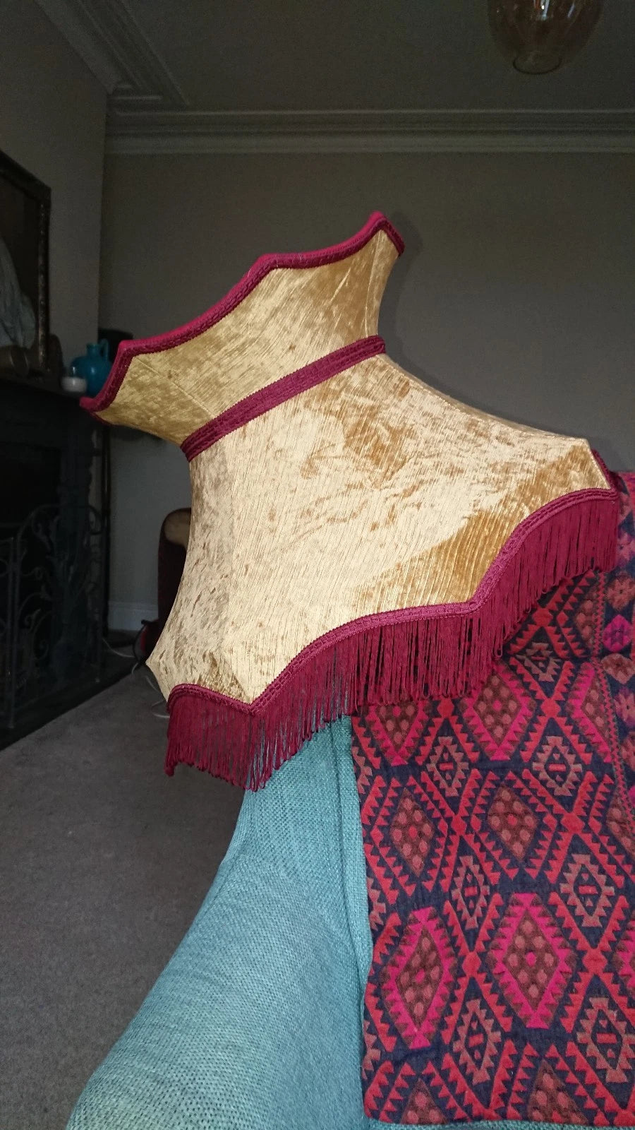 Lampshade in gold ribbed velvet with a burgendy lining for standard lamp ceiling