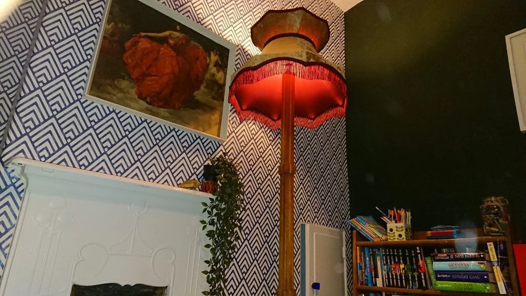 Lampshade in gold ribbed velvet with a burgendy lining for standard lamp ceiling