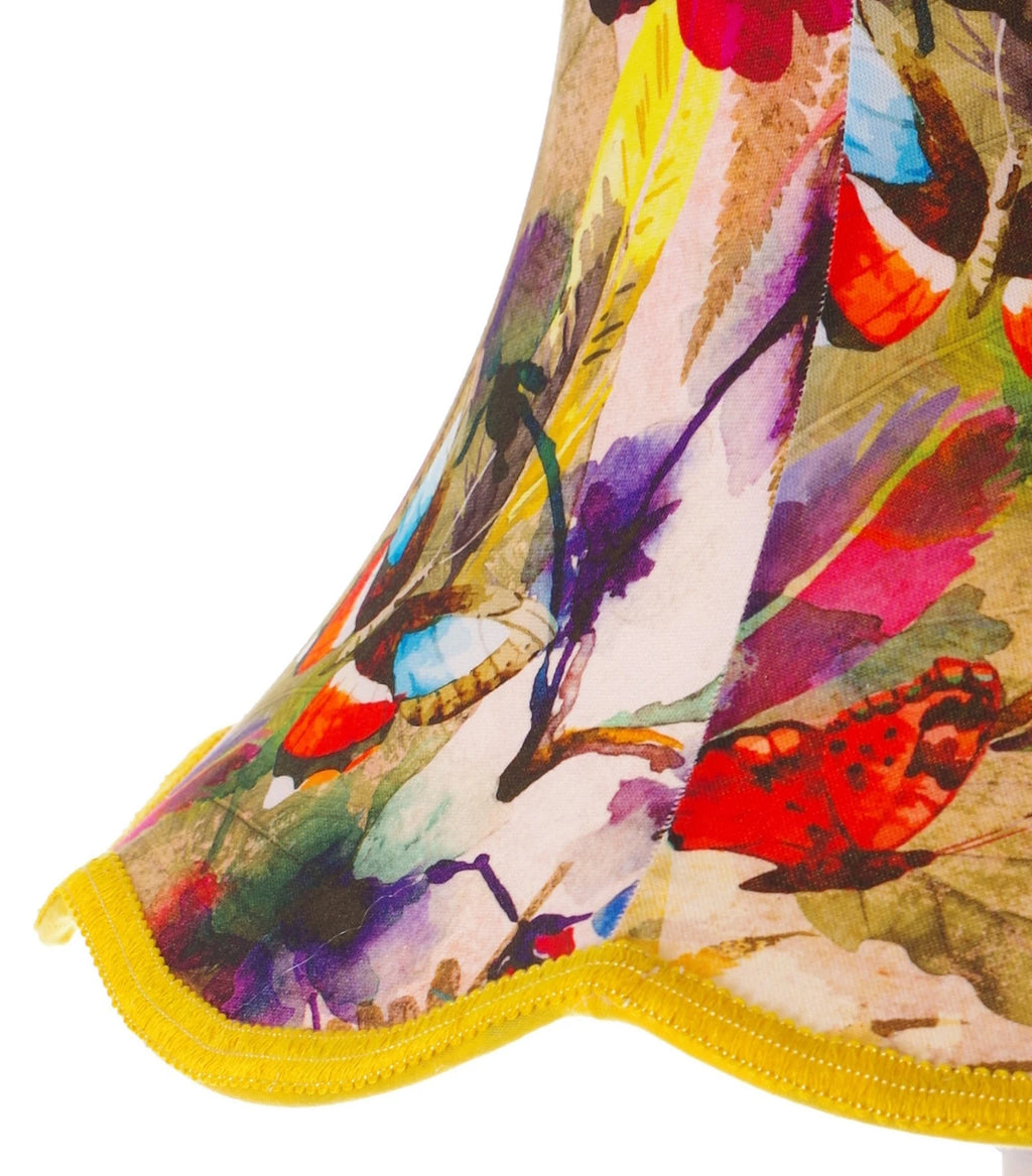 Yellow lampshade in pink, red butterfly design for a standard lamp or ceiling