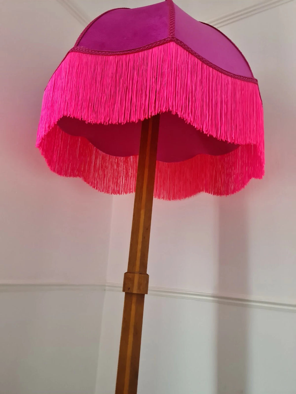 Handmade dome shaped lampshade pink velvet and neon fringe standard lamp ceiling