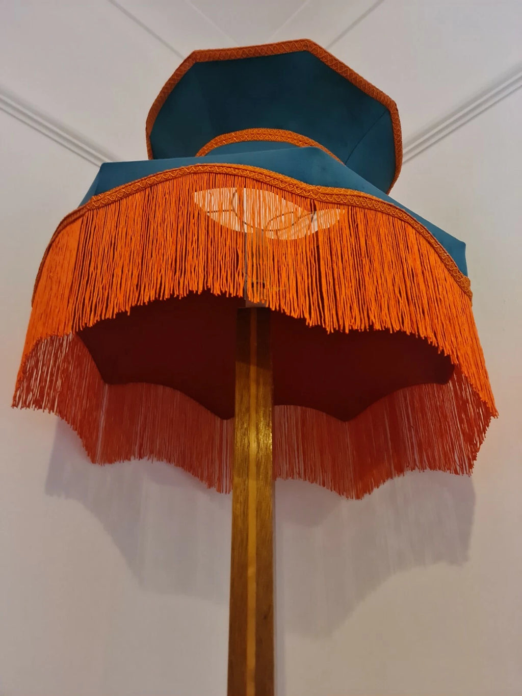Large handmade teal blue and orange lampshade crown shape standard lamp ceiling