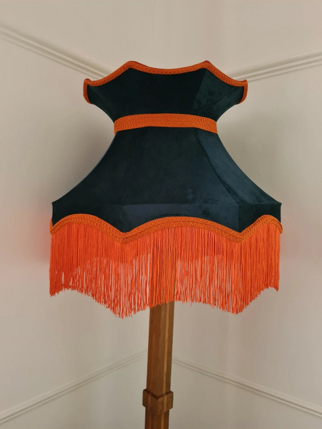 Large handmade navy blue and orange lampshade crown shape standard lamp ceiling